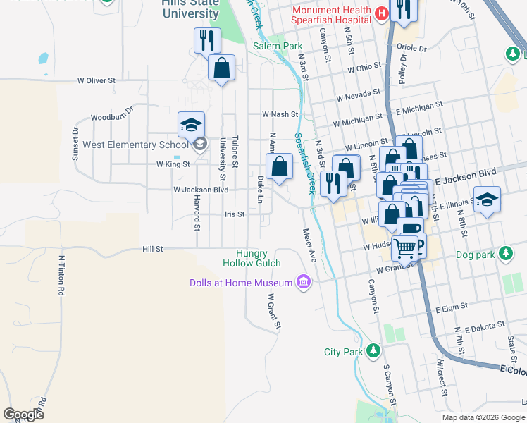 map of restaurants, bars, coffee shops, grocery stores, and more near 620 Iris Street in Spearfish