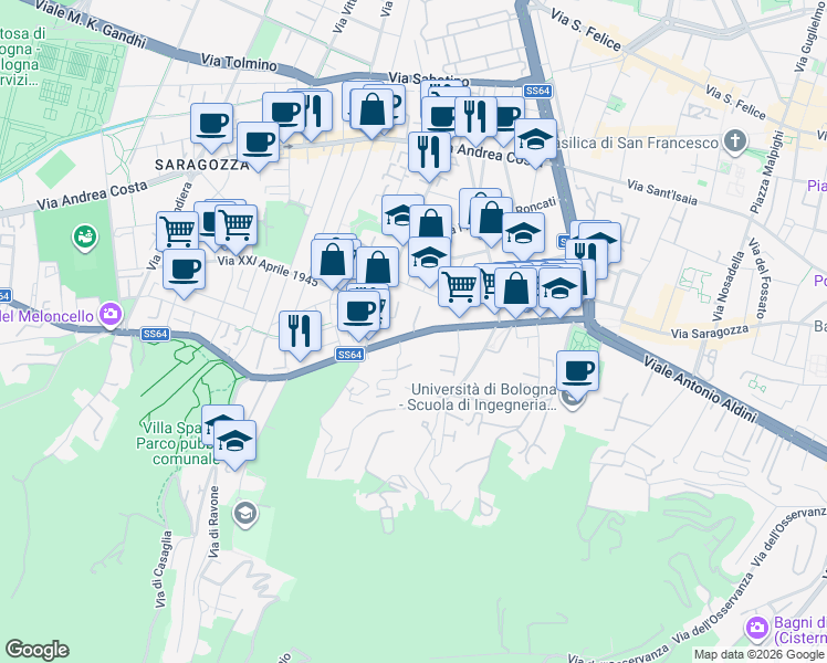 map of restaurants, bars, coffee shops, grocery stores, and more near 133-139 Via Filippo Turati in Bologna
