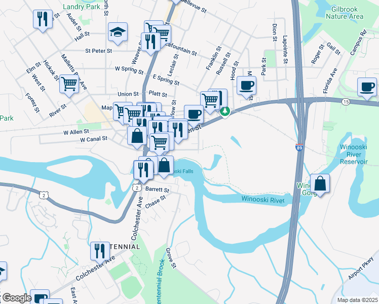 map of restaurants, bars, coffee shops, grocery stores, and more near 80 Winooski Falls Way in Winooski