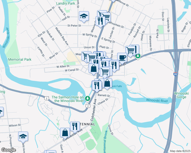 map of restaurants, bars, coffee shops, grocery stores, and more near 8 West Canal Street in Winooski