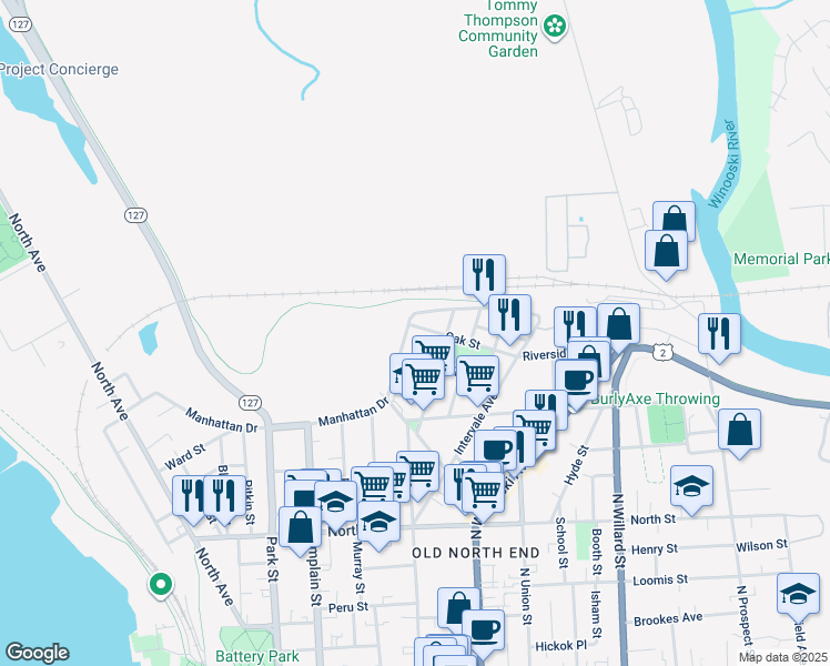 map of restaurants, bars, coffee shops, grocery stores, and more near 15 Oak Street in Burlington