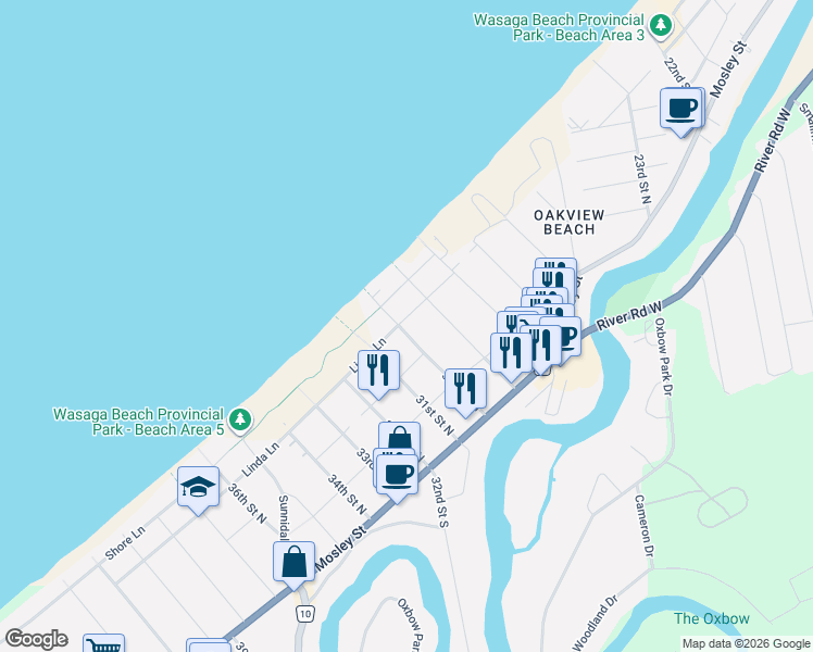 map of restaurants, bars, coffee shops, grocery stores, and more near 61 30th Street North in Wasaga Beach
