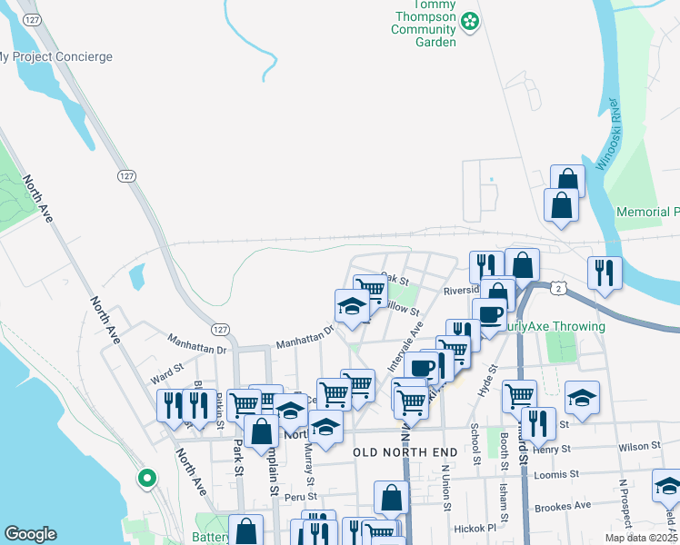 map of restaurants, bars, coffee shops, grocery stores, and more near 354 Manhattan Drive in Burlington
