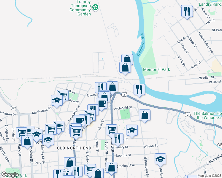 map of restaurants, bars, coffee shops, grocery stores, and more near 617 Riverside Avenue in Burlington