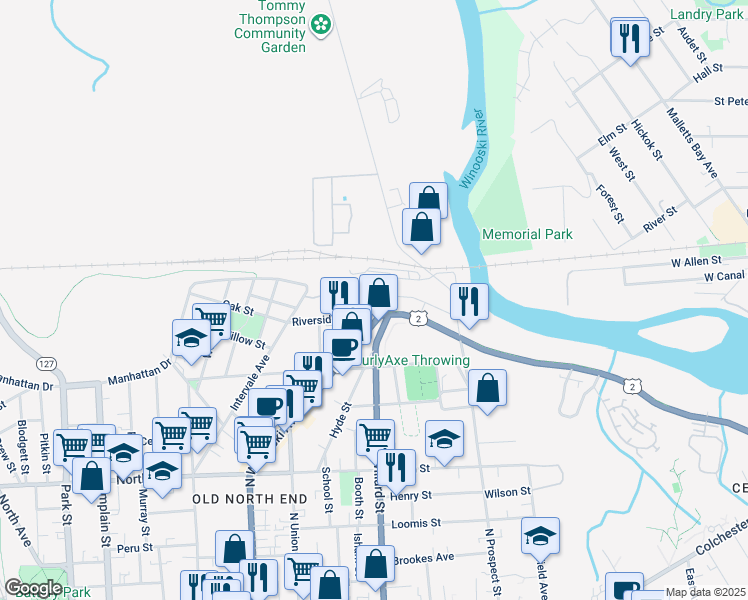 map of restaurants, bars, coffee shops, grocery stores, and more near 617 Riverside Avenue in Burlington