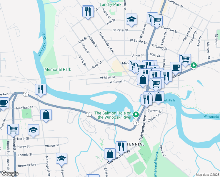 map of restaurants, bars, coffee shops, grocery stores, and more near 110 West Canal Street in Winooski