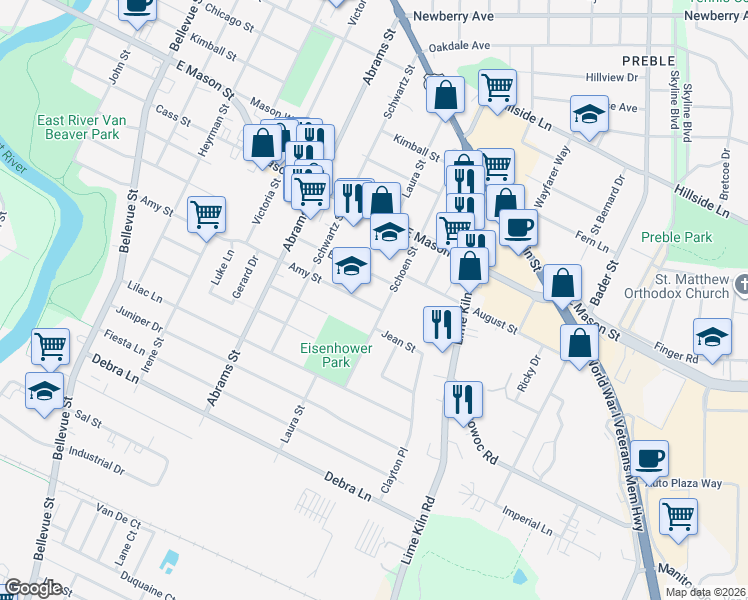 map of restaurants, bars, coffee shops, grocery stores, and more near 1787 Amy Street in Green Bay