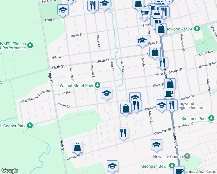 map of restaurants, bars, coffee shops, grocery stores, and more near 172 EIGHTH Street in Collingwood
