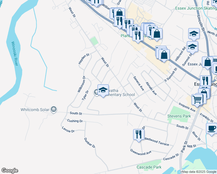 map of restaurants, bars, coffee shops, grocery stores, and more near 76 West Street in Essex