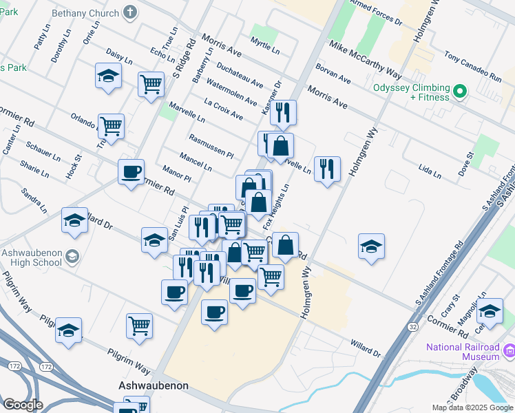 map of restaurants, bars, coffee shops, grocery stores, and more near 2279 S Oneida St in Green Bay