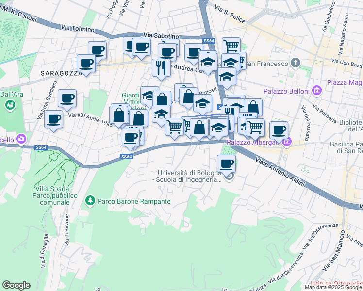 map of restaurants, bars, coffee shops, grocery stores, and more near 130 Via Saragozza in Bologna