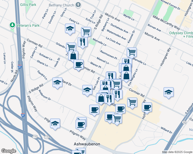 map of restaurants, bars, coffee shops, grocery stores, and more near 2302 San Luis Place in Green Bay
