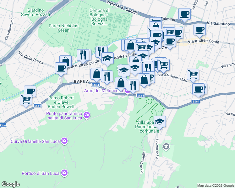 map of restaurants, bars, coffee shops, grocery stores, and more near 18-28 Strada Statale Porrettana in Bologna