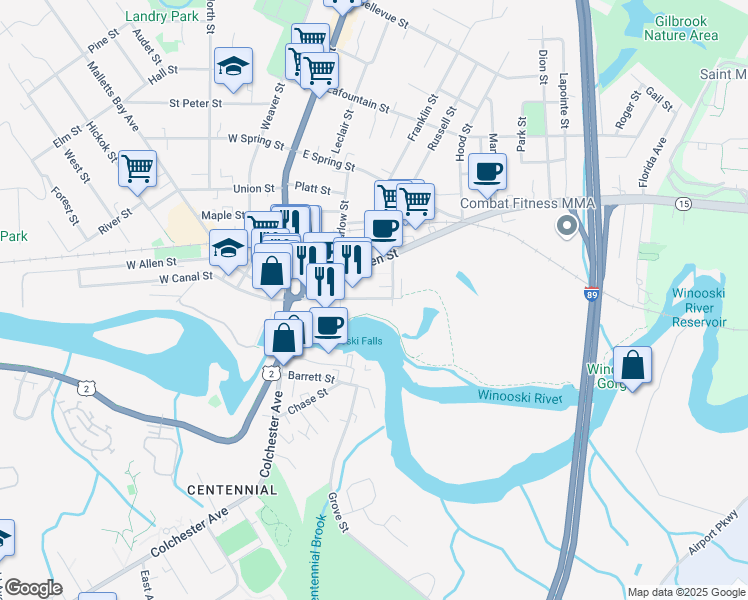 map of restaurants, bars, coffee shops, grocery stores, and more near 114 Winooski Falls Way in Winooski