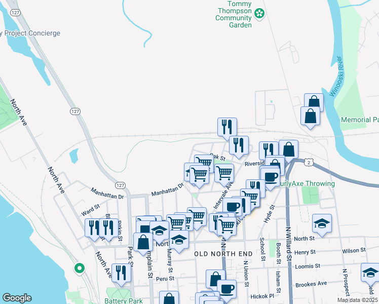map of restaurants, bars, coffee shops, grocery stores, and more near 340 1/2 Manhattan Drive in Burlington
