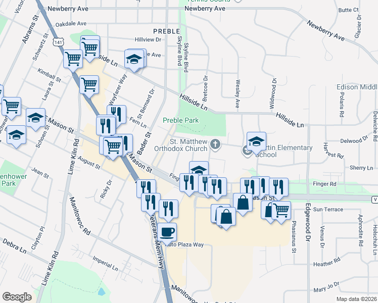 map of restaurants, bars, coffee shops, grocery stores, and more near 621 Sunnycrest Street in Green Bay