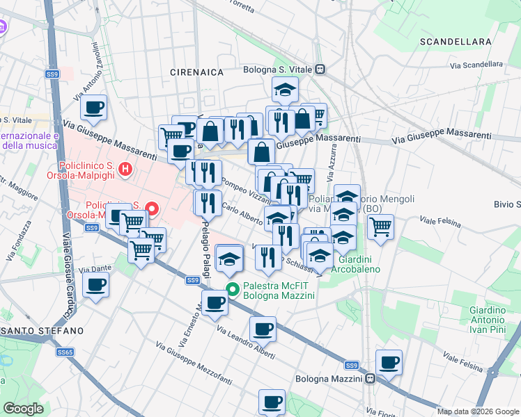 map of restaurants, bars, coffee shops, grocery stores, and more near 20 Via Antonio Bondi in Bologna