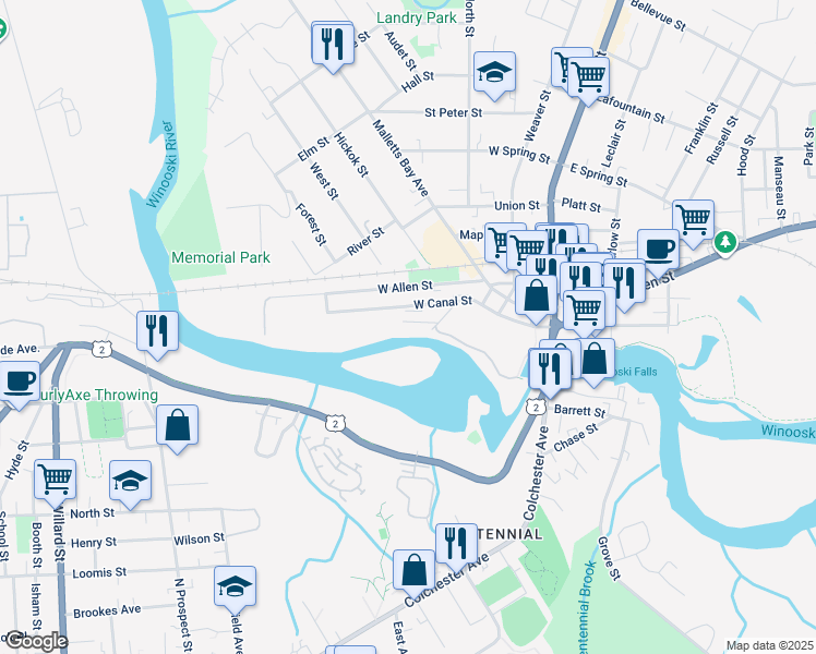 map of restaurants, bars, coffee shops, grocery stores, and more near 110 West Canal Street in Winooski