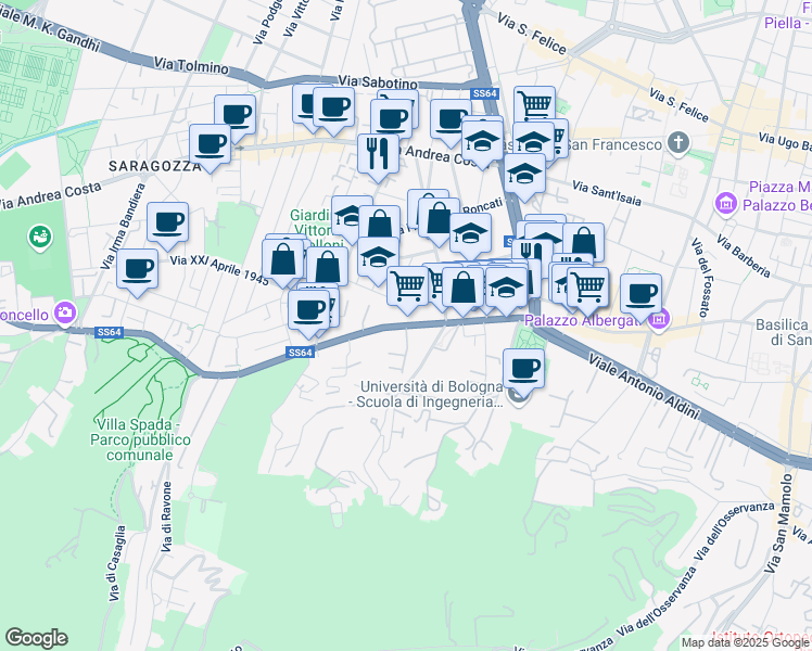 map of restaurants, bars, coffee shops, grocery stores, and more near 130 Via Saragozza in Bologna