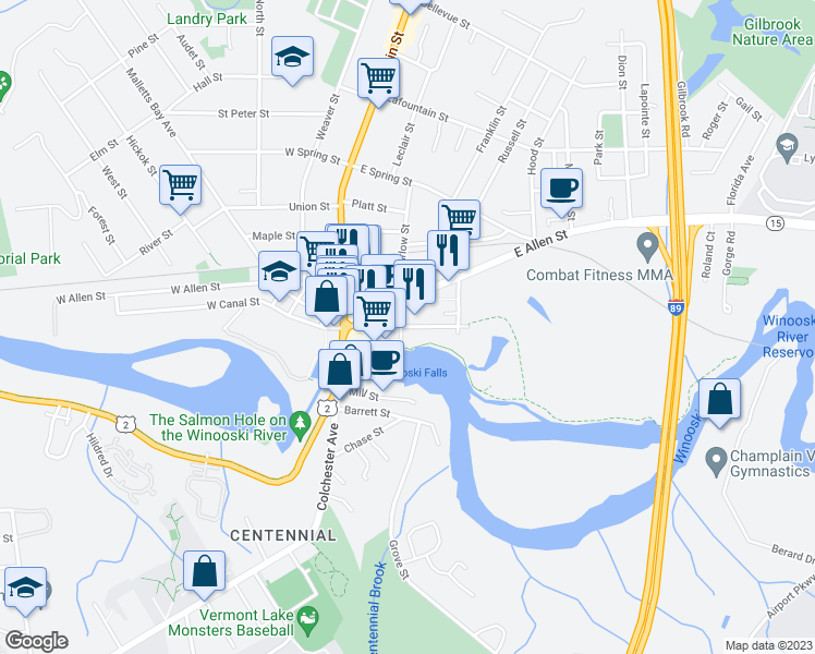 map of restaurants, bars, coffee shops, grocery stores, and more near 60 Winooski Falls Way in Winooski