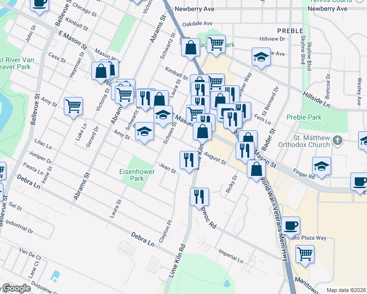 map of restaurants, bars, coffee shops, grocery stores, and more near 1828 August Street in Green Bay