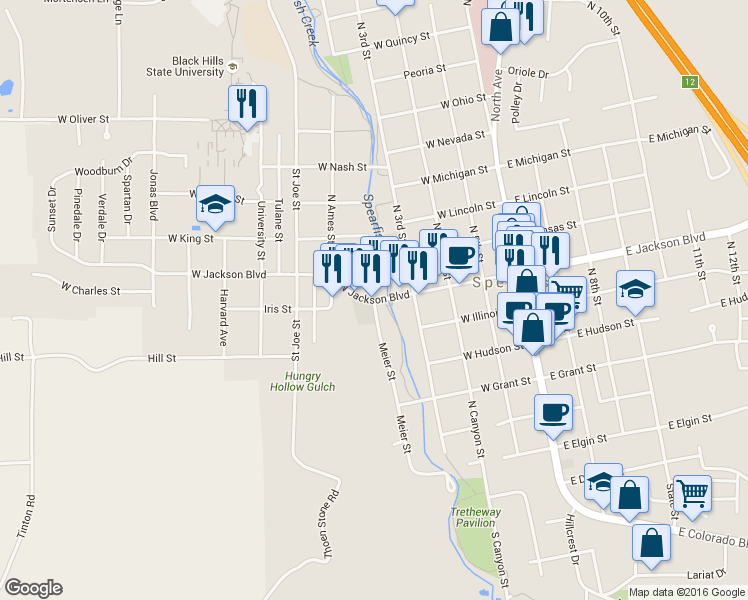 map of restaurants, bars, coffee shops, grocery stores, and more near Meier Avenue in Spearfish