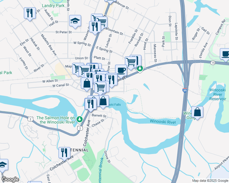 map of restaurants, bars, coffee shops, grocery stores, and more near 60 Winooski Falls Way in Winooski