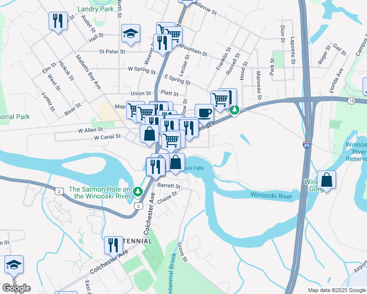 map of restaurants, bars, coffee shops, grocery stores, and more near 25 Winooski Falls Way in Winooski