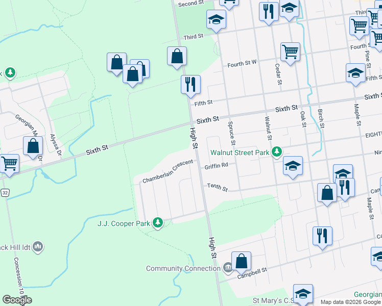 map of restaurants, bars, coffee shops, grocery stores, and more near 1 Chamberlain Crescent in Collingwood