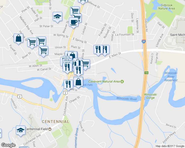 map of restaurants, bars, coffee shops, grocery stores, and more near 114 Winooski Falls Way in Winooski