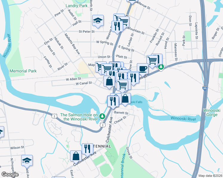 map of restaurants, bars, coffee shops, grocery stores, and more near 8 West Canal Street in Winooski