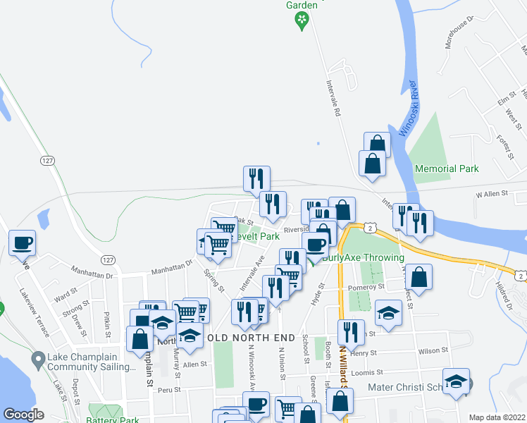 map of restaurants, bars, coffee shops, grocery stores, and more near 25 Luck Street in Burlington