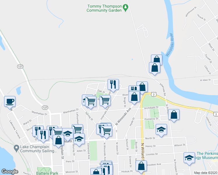 map of restaurants, bars, coffee shops, grocery stores, and more near 25 Luck Street in Burlington