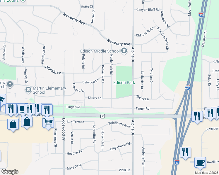 map of restaurants, bars, coffee shops, grocery stores, and more near 569 Menlo Park Road in Green Bay