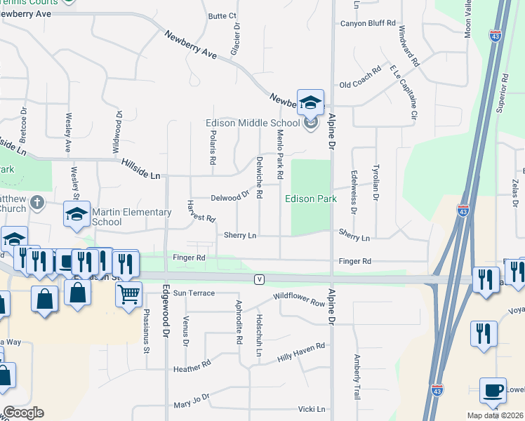 map of restaurants, bars, coffee shops, grocery stores, and more near 600 Delwiche Road in Green Bay