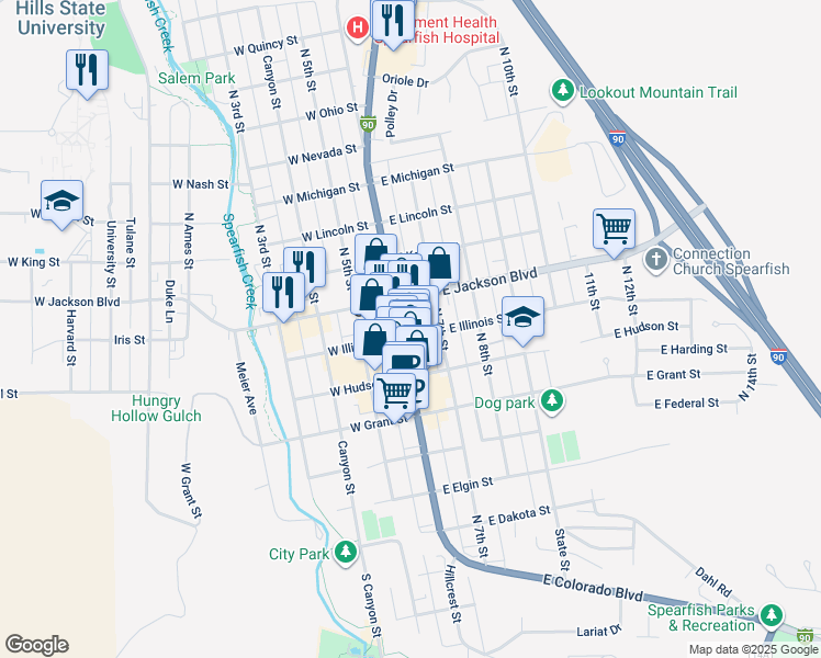 map of restaurants, bars, coffee shops, grocery stores, and more near 706 North Main Street in Spearfish