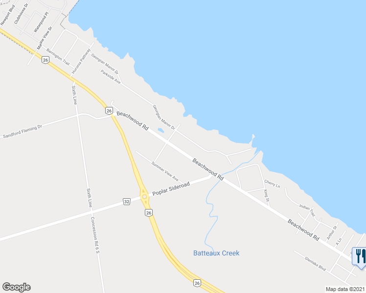 map of restaurants, bars, coffee shops, grocery stores, and more near 9782 Beachwood Road in Collingwood