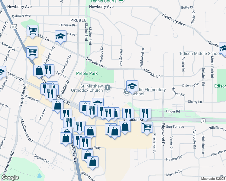 map of restaurants, bars, coffee shops, grocery stores, and more near 631 Calvin Court in Green Bay