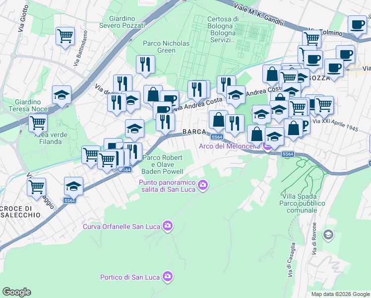map of restaurants, bars, coffee shops, grocery stores, and more near 148 Via Porrettana in Bologna
