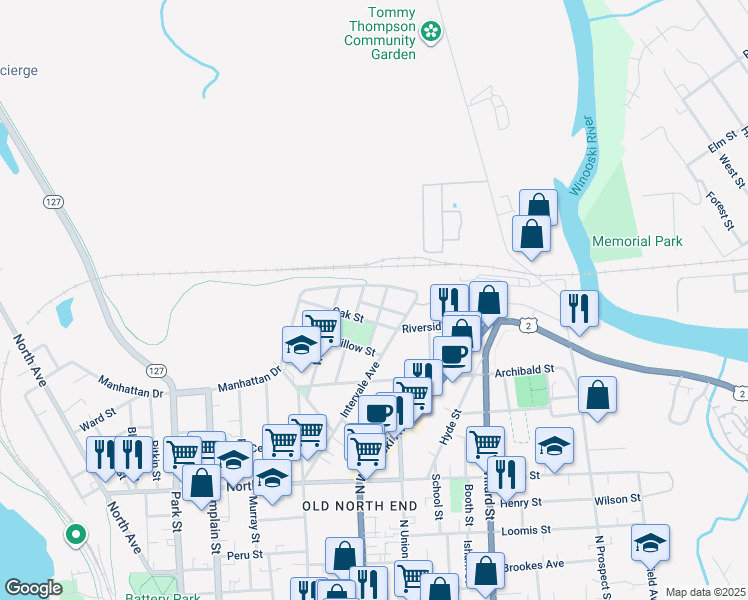 map of restaurants, bars, coffee shops, grocery stores, and more near 25 Luck Street in Burlington