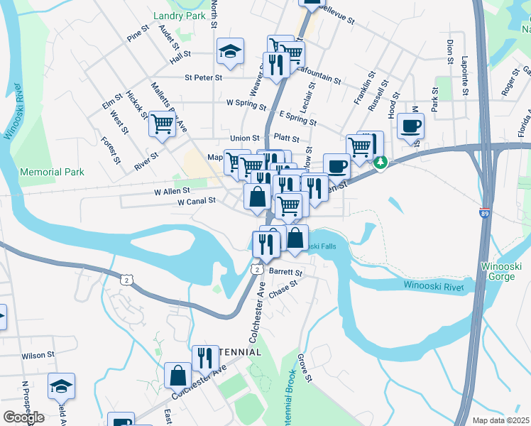 map of restaurants, bars, coffee shops, grocery stores, and more near 26 Main Street in Winooski