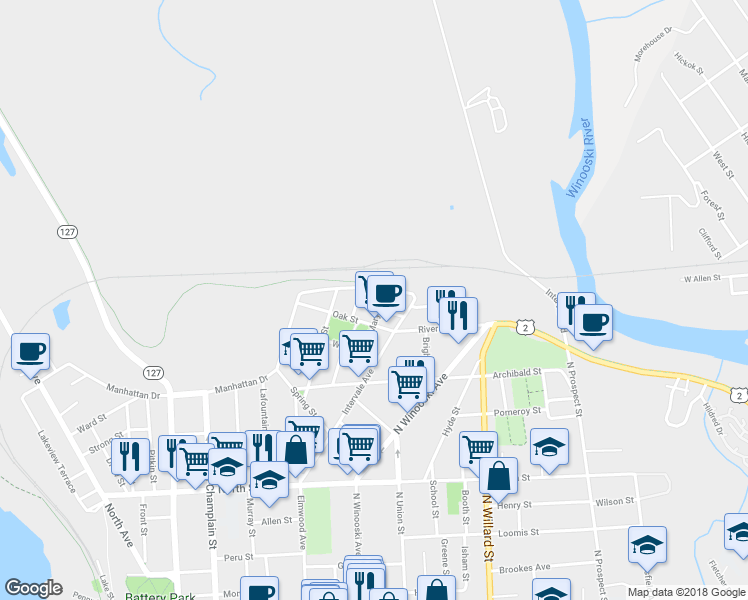 map of restaurants, bars, coffee shops, grocery stores, and more near 25 Luck Street in Burlington