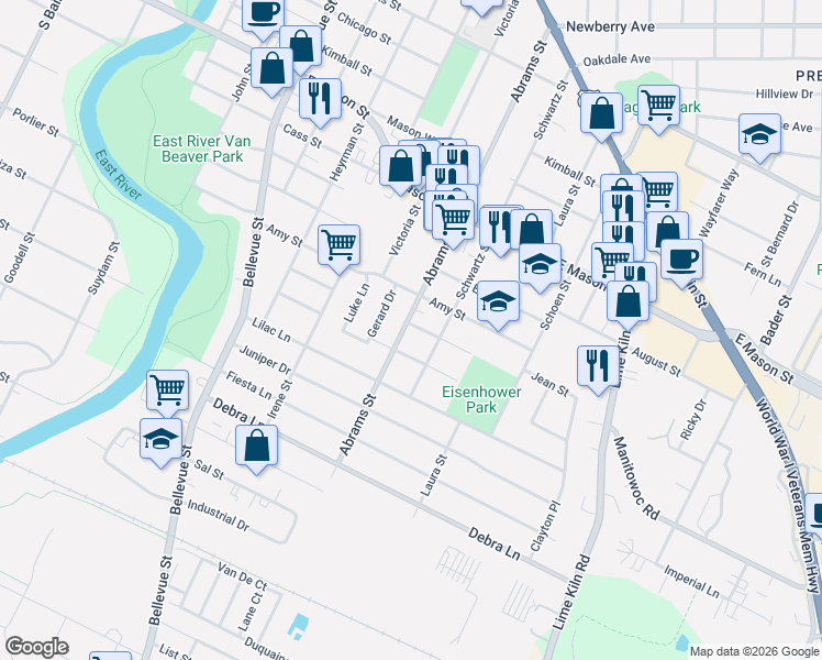 map of restaurants, bars, coffee shops, grocery stores, and more near 932 Abrams Street in Green Bay