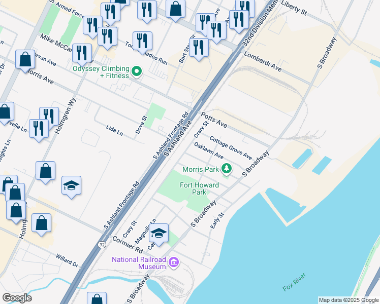 map of restaurants, bars, coffee shops, grocery stores, and more near 2127 Crary Street in Ashwaubenon