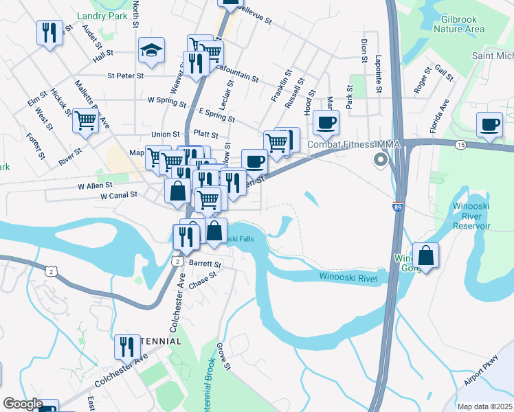 map of restaurants, bars, coffee shops, grocery stores, and more near 114 Winooski Falls Way in Winooski