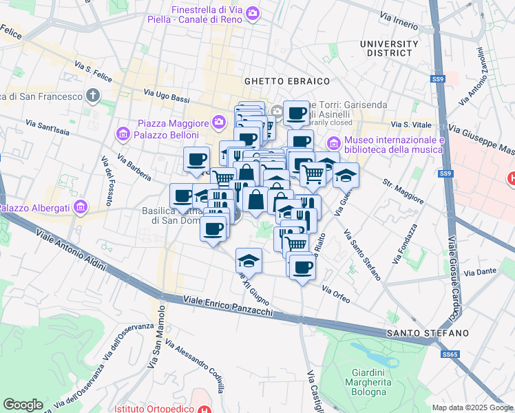 map of restaurants, bars, coffee shops, grocery stores, and more near 2 Vicolo dell'Orto in Bologna