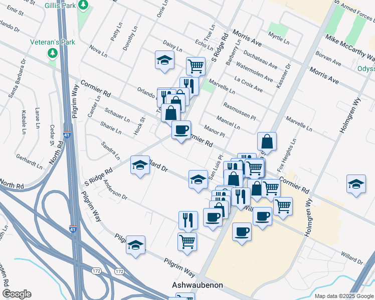 map of restaurants, bars, coffee shops, grocery stores, and more near 1001 Cormier Road in Green Bay
