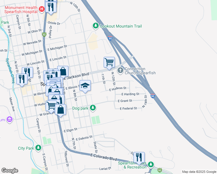 map of restaurants, bars, coffee shops, grocery stores, and more near 620 11th Street in Spearfish
