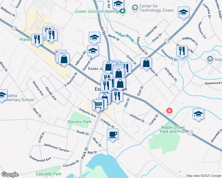 map of restaurants, bars, coffee shops, grocery stores, and more near in Essex Junction