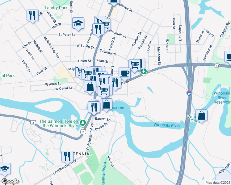 map of restaurants, bars, coffee shops, grocery stores, and more near 65 Winooski Falls Way in Winooski